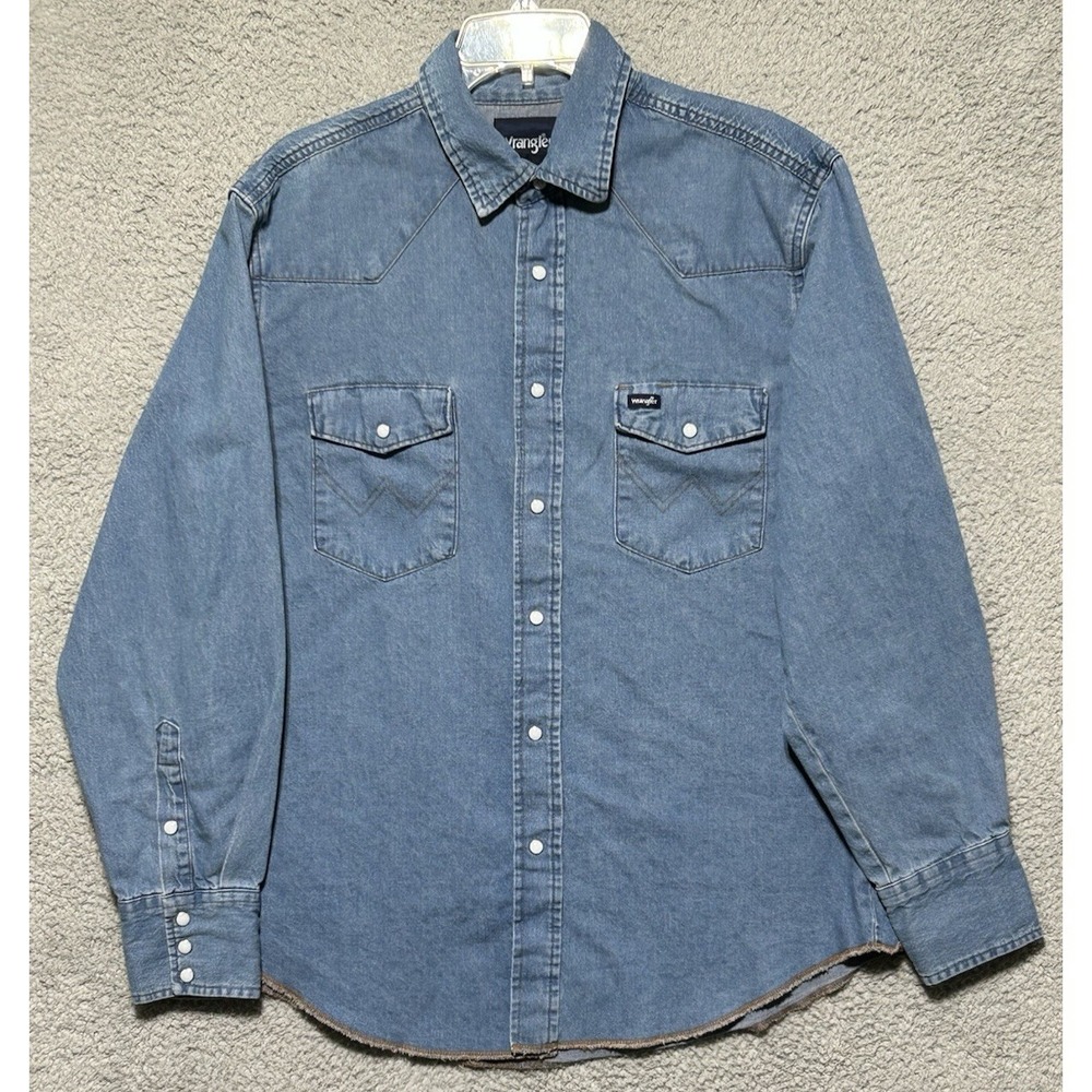 Vintage Wrangler Mens L Blue Jean Denim Western Pearl Snap Shirt Cowboy